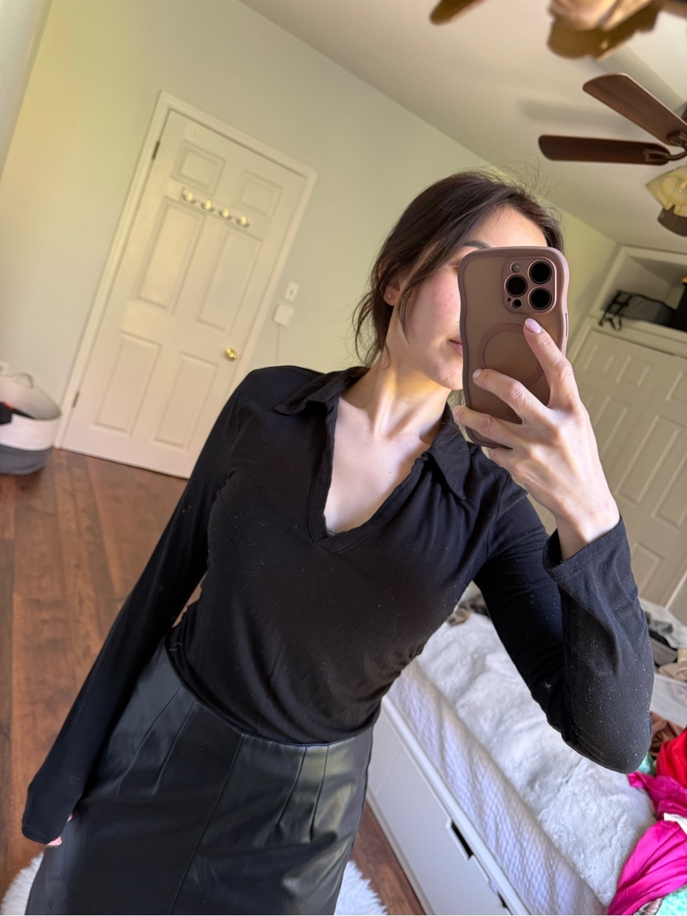 Madewell Black Collared V-Neck Long Sleeve Top
